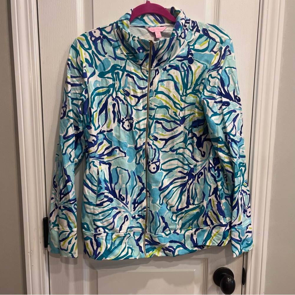Lilly Pulitzer Reagan Zip Up Jacket Pool Blue Green Stay Cool Size Medium